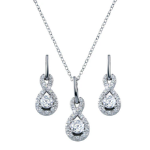Load image into Gallery viewer, Sterling Silver Rhodium Plated Figure 8 Teardrop Clear CZ Dangling Stud Earring And Necklace Set
