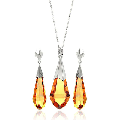 Sterling Silver Rhodium Plated Champagne Drop CZ Hanging Stud Earring And Necklace Set