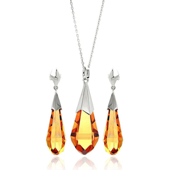 Sterling Silver Rhodium Plated Champagne Drop CZ Hanging Stud Earring And Necklace Set