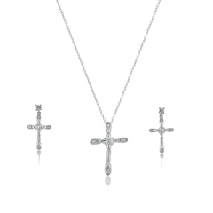 Sterling Silver Rhodium Plated Bone Cross Clear CZ Earring And Necklace Set