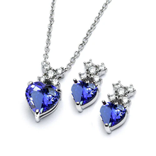 Load image into Gallery viewer, Sterling Silver Rhodium Plated Clear Round And Birthstone Heart Tanzanite CZ Stud Earring And Necklace Set