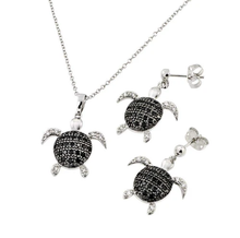 Load image into Gallery viewer, Sterling Silver Rhodium And Black Rhodium Plated Black And Clear CZ Dangling Stud Earring And Necklace Set