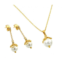 Load image into Gallery viewer, Sterling Silver Gold Plated Pearl Drop Clear CZ Dangling Stud Earring And Necklace Set
