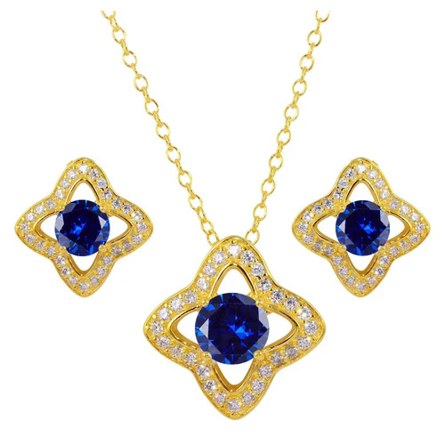 Sterling Silver Gold Plated Clover Cross Blue And Clear CZ Earring And Necklace Set