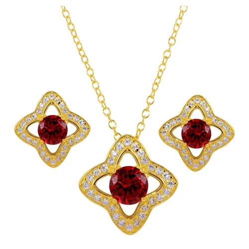 Sterling Silver Gold Plated Clover Cross Red And Clear CZ Earring And Necklace Set