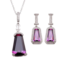 Load image into Gallery viewer, Sterling Silver Rhodium Plated Large Purple And Clear CZ Earring And Necklace Set