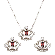 Load image into Gallery viewer, Sterling Silver Rhodium Plated Crown Red And Clear CZ Earring And Necklace Set