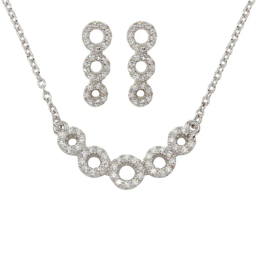 Sterling Silver Rhodium Plated 5 Circle Clear CZ Earring And Necklace Set