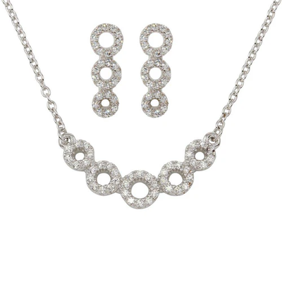 Sterling Silver Rhodium Plated 5 Circle Clear CZ Earring And Necklace Set