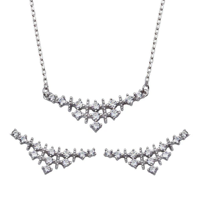 Sterling Silver Rhodium Plated Curved Triangle Clear CZ Earring And Necklace Set