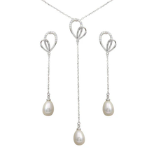 Load image into Gallery viewer, Sterling Silver Rhodium Plated Clear CZ Open Heart With Fresh Water Pearl Dangling Earring And Necklace Set