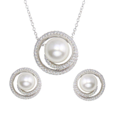Sterling Silver Rhodium Plated Spiral Clear CZ With Synthetic Center Pearl Earring And Necklace Set