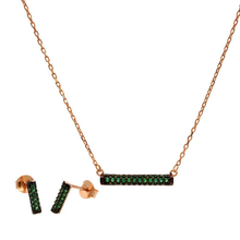 Load image into Gallery viewer, Sterling Silver Rose Gold Plated Bar Green CZ Earring And Necklace Set