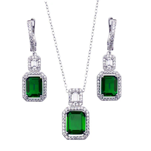 Sterling Silver Rhodium Plated Square Center Emerald And Clear CZ Earring And Necklace Set