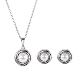 Sterling Silver Rhodium Plated Round Swirl Design Synthetic Mother Of Pearl Earring And Necklace Set