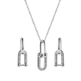 Sterling Silver Rhodium Plated Round Bow Paperclip Clear CZ Necklace And Hoop Earring Matching Set