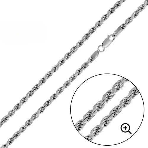 Sterling Silver Solid 080-3.7MM Rhodium Plated Rope Chain
