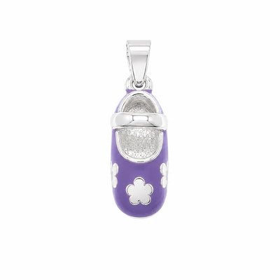 Sterling Silver Rhodium Plated Purple Colored Enamel Heart Baby Shoe Charm