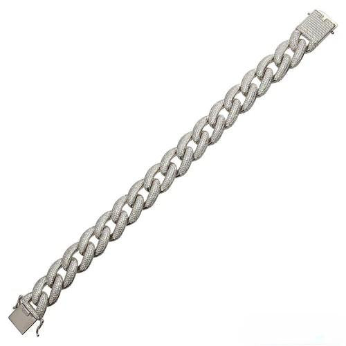 Sterling Silver Rhodium Plated CZ Encrusted Miami Cuban Link Hip Hop Bracelet Width-16mm