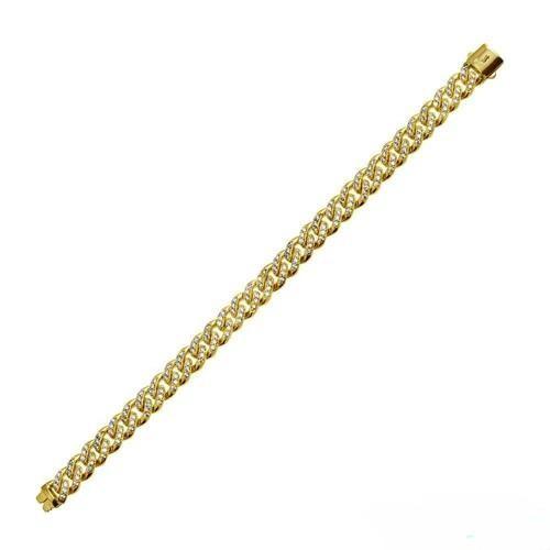 Sterling Silver Gold Plated CZ Encrusted Miami Cuban Link Plain Lock Hip Hop Bracelet Width-9mm
