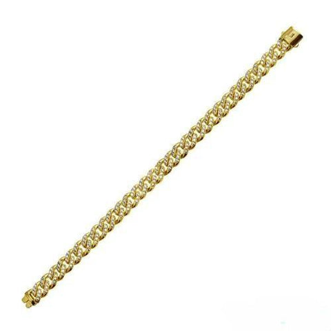 Sterling Silver Gold Plated CZ Encrusted Miami Cuban Link Plain Lock Hip Hop Bracelet Width-9mm