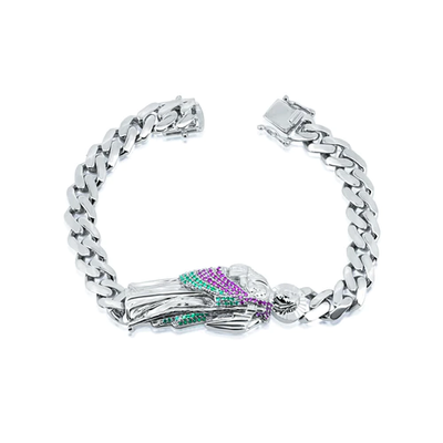 Sterling Silver Rhodium Plated St. Jude Red And Green CZ Cuban Bracelet