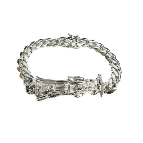 Sterling Silver Rhodium Plated Santa Muerte Angel of Death 14mm Cuban Bracelet