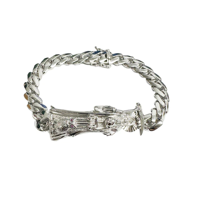 Sterling Silver Rhodium Plated Santa Muerte Angel of Death 14mm Cuban Bracelet