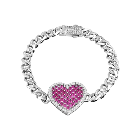 Sterling Silver 6.4MM Heart Baguette Pink and Round Clear CZ Studded Bracelet-Length 7