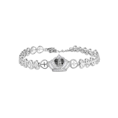 Sterling Silver Rhodium Plated Crown Our Lady of Guadalupe Diamond Cut Heart Cross Chain Adjustable Bracelet