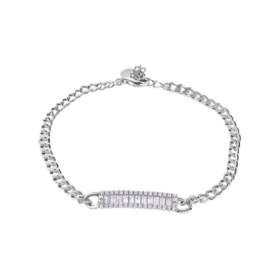 Sterling Silver Rhodium Plated Curb Baguette Clear CZ Adjustable Bracelet