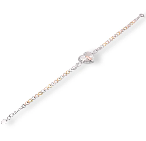 Sterling Silver Three Tone Plated Diamond Cut Heart Guadalupe Clear CZ Adjustable Bracelet
