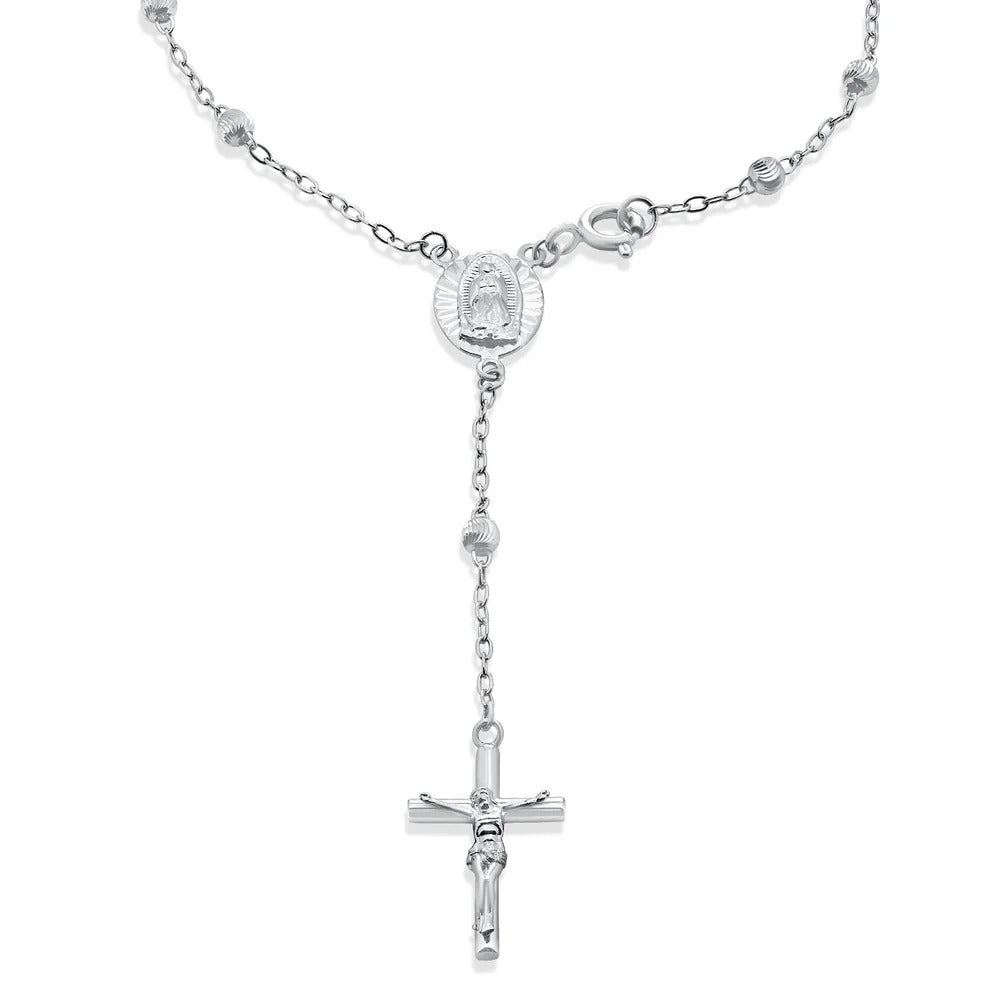 Sterling Silver Rhodium Plated Diamond Cut Rosary Bracelet