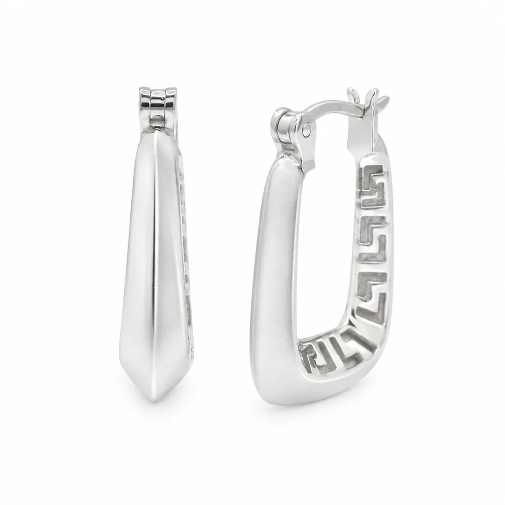 Sterling Silver Rhodium Plated Geometric Greek Key Latch Back Earrings