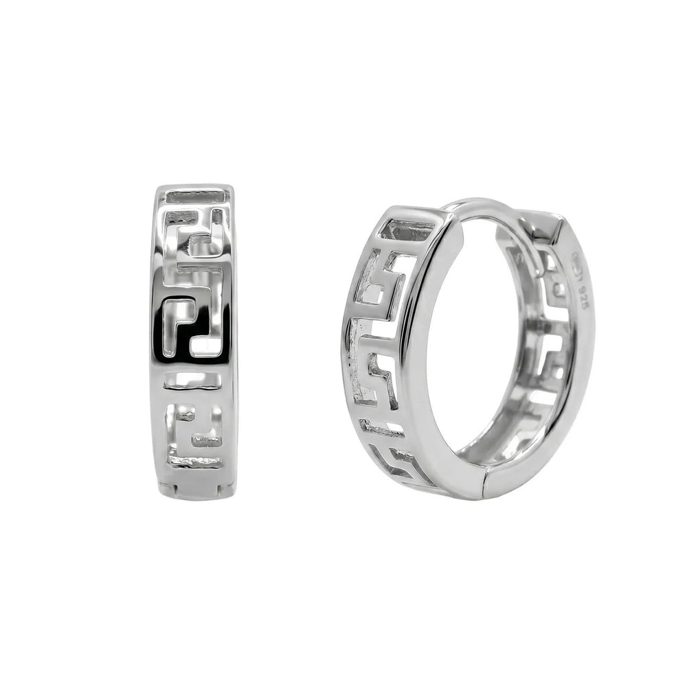 Sterling Silver Rhodium Plated Greek Key Cutout Hoop Earrings