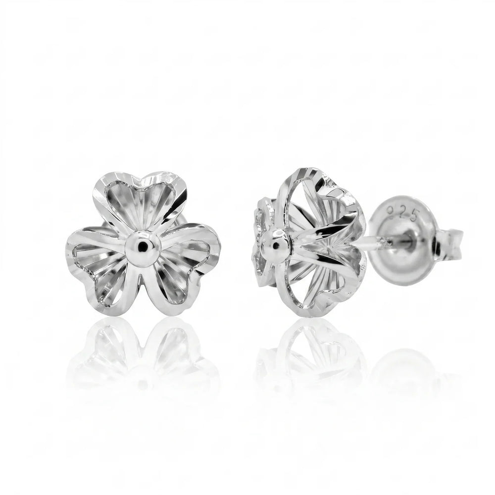 Sterling Silver Rhodium Plated Diamond Cut Clover Stud Earrings