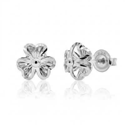 Sterling Silver Rhodium Plated Diamond Cut Clover Stud Earrings