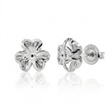 Sterling Silver Rhodium Plated Diamond Cut Clover Stud Earrings