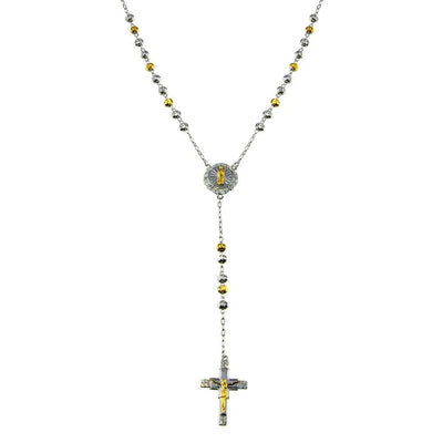 Sterling Silver Two Tone Plated CZ Diamond Cut Beaded Cross Rosary Necklace