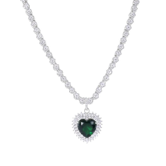 Sterling Silver Rhodium Plated Heart Green CZ Pendant Round Cut Clear CZ Tennis Necklace