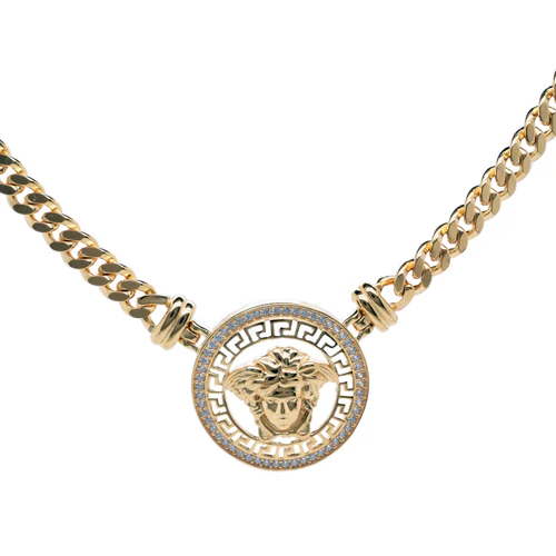 Sterling Silver Gold Plated Medusa Greek Key Clear CZ Curb Adjustable Necklace