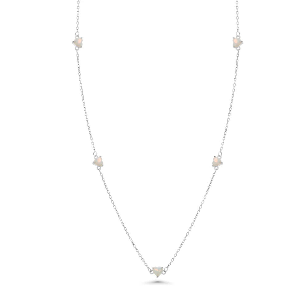 Sterling Silver Rhodium Plated Multi Opal Heart Adjustable Necklace