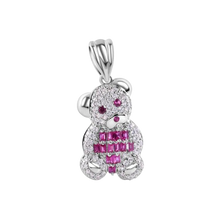 Load image into Gallery viewer, Sterling Silver Rhodium Plated Small Teddy Bear Red Baguette And Clear CZ Pendant