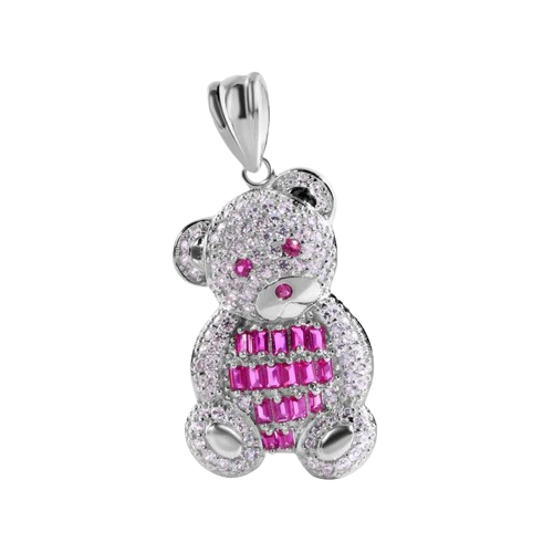 Sterling Silver Rhodium Plated Large Teddy Bear Red Baguette and Clear CZ Pendant