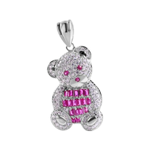 Load image into Gallery viewer, Sterling Silver Rhodium Plated Large Teddy Bear Red Baguette and Clear CZ Pendant