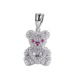 Sterling Silver Rhodium Plated Teddy Bear Clear Baguette Heart Red and Clear Large CZ Pendant