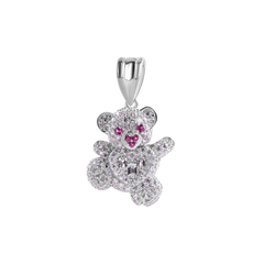 Sterling Silver Rhodium Plated Teddy Bear Clear Baguette Heart Red and Clear CZ Pendant