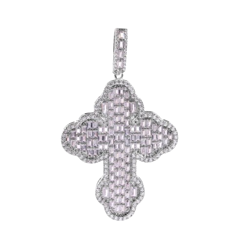 Sterling Silver Rhodium Plated Cathedral Cross Baguette Clear Large CZ Pendant