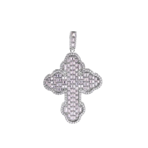 Sterling Silver Rhodium Plated Cathedral Cross Baguette Clear CZ Pendant