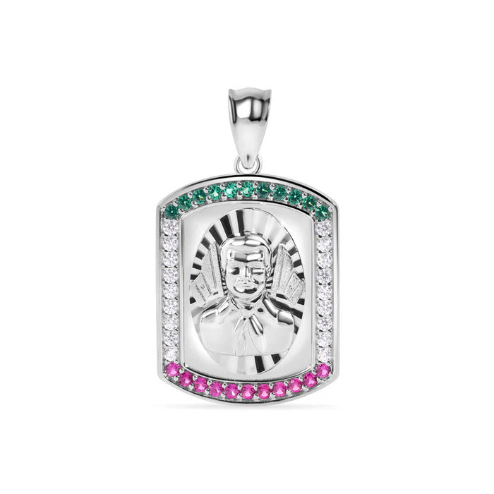 Sterling Silver Rhodium Plated Malverde Diamond Cut Green Red And Clear Pendant